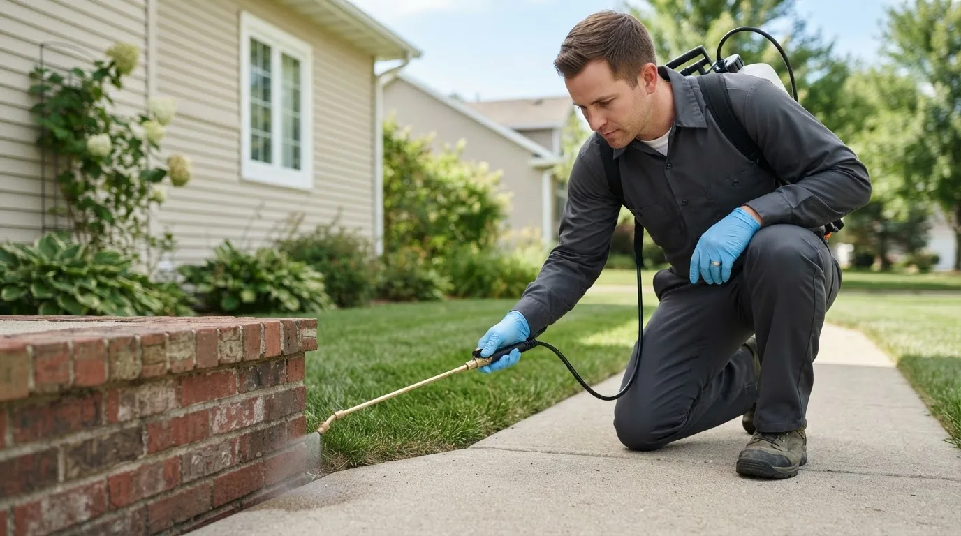 Pest control technician treating a home near Montrose, IA