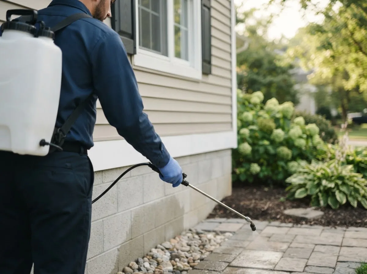 Pest control technician inspecting a home in Montrose, IA